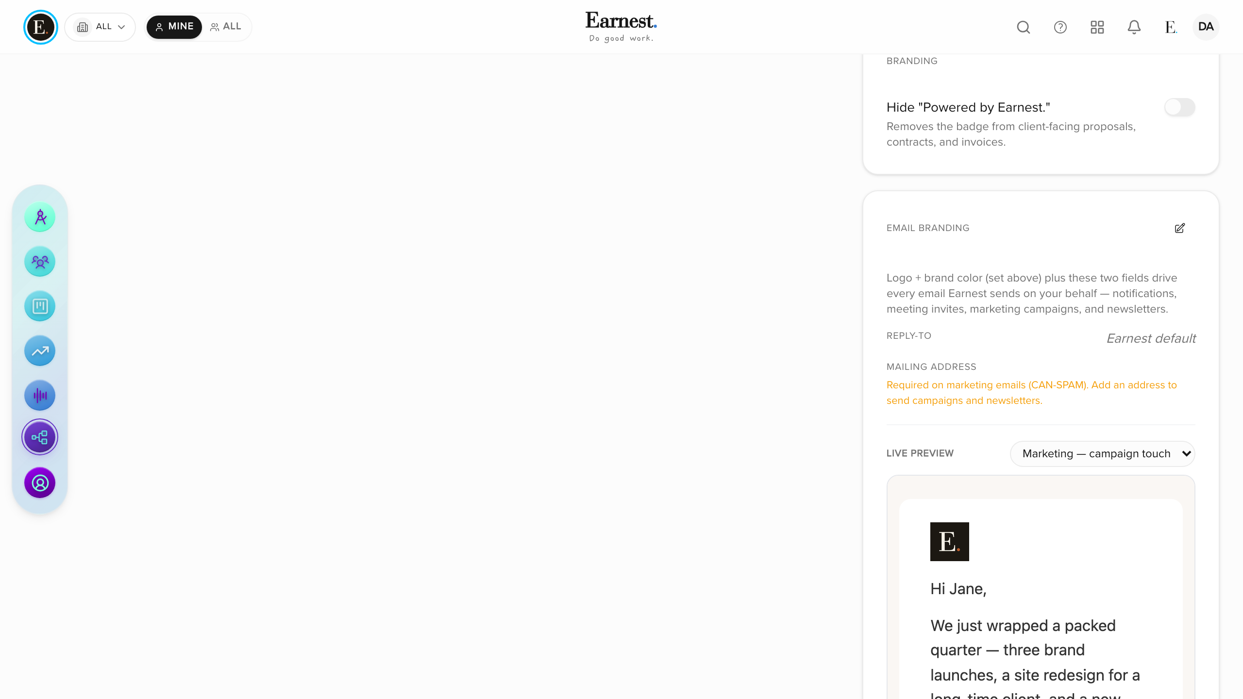 Branded Email inside Earnest